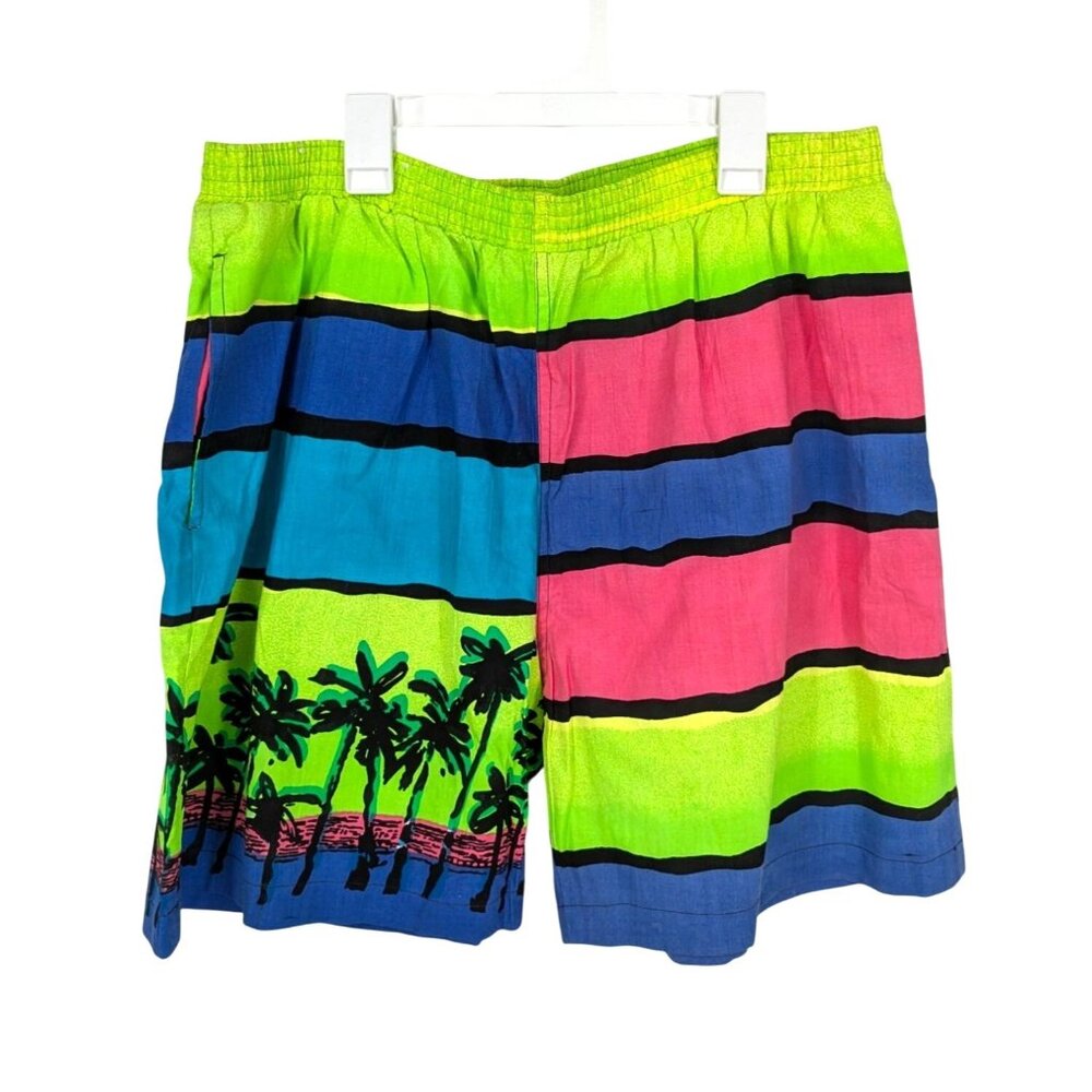 Vtg Pacific Scene Neon Striped Swim Trunks Tropical Y2K Palm Beach Men Size XL
